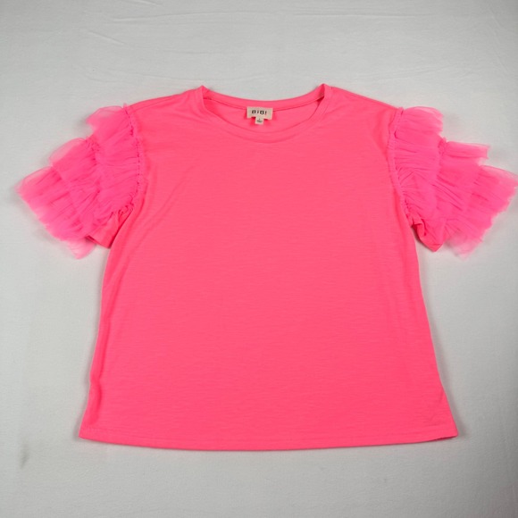 BiBi Tops - BIBI Tulle Ruffle Sleeve Top Large Neon Pink Barbiecore Y2K Statement Tee